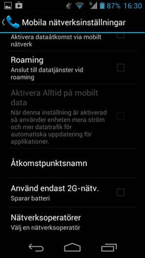 För att byta nätverk om nätverksproblem uppstår, välj Nätverksoperatörer