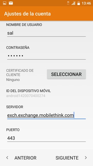 Introduzca NOMBRE DE USUARIO y la dirección de servidor Exchange. Seleccione SIGUIENTE