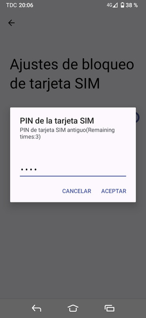 Introduzca su PIN de tarjeta SIM antiguo y seleccione ACEPTAR