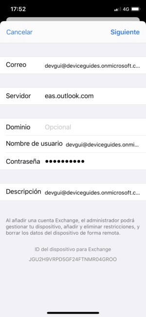 Introduzca su Información de correo electrónico Exchange y seleccione Siguiente