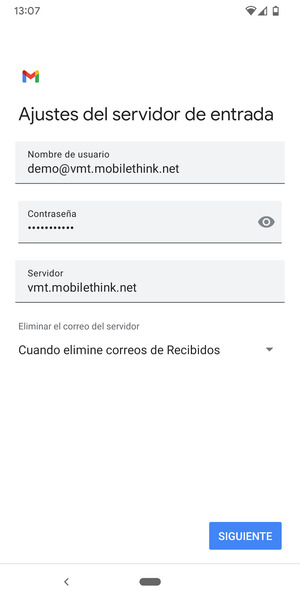 Introduzca Nombre de usuario y la dirección de servidor entrante. Seleccione SIGUIENTE