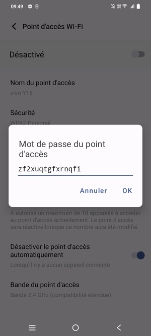 Saisissez un mot de passe de point d'accès d'au moins 8 caractères et sélectionnez OK