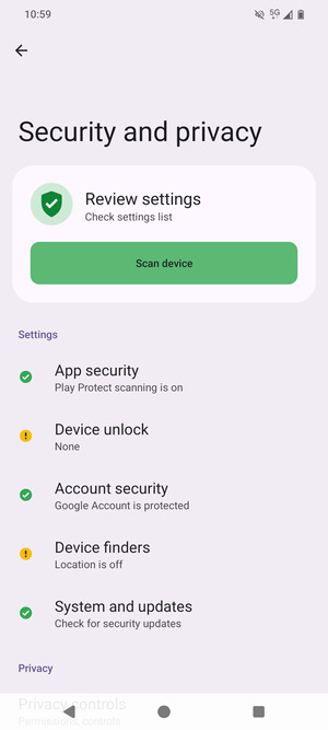 To activate your screen lock, go to the Security and privacy menu and select Device unlock
