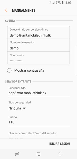 Introduzca Nombre de usuario y la dirección de servidor entrante