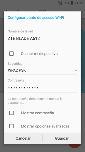 Introduzca una contraseña de punto de acceso Wi-Fi de al menos 8 caracteres y seleccione Guardar