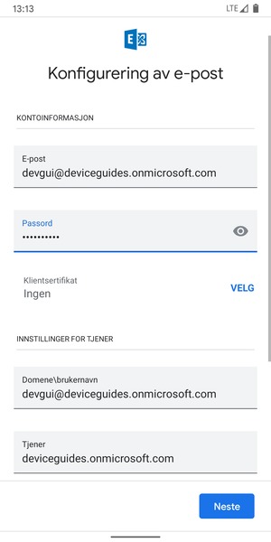 Skriv inn Brukernavn og Exchange serveradresse. Velg Neste