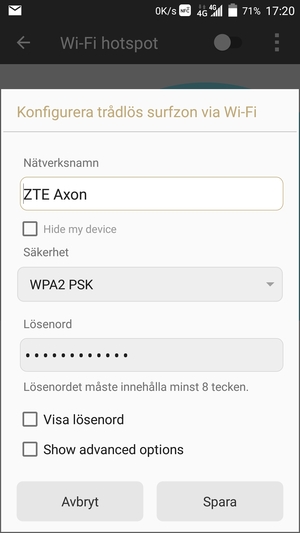 Ange ett lösenord för Wi-Fi-hotspoten, bestående av minst 8 tecken och välj Spara