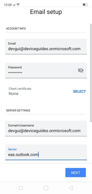 Enter Username and Exchange server address. Select NEXT