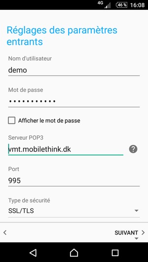 Saisissez votre Nom d'utilisateur et l'adresse du serveur entrant