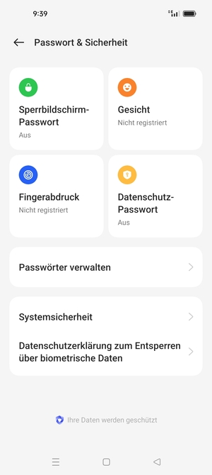 Um Ihre Bildschirmsperre zu aktivieren, gehen Sie zum Passwort & Sicherheit Menü und wählen Sie  Sperrbildschirm-Passwort