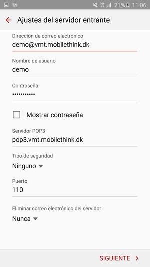 Introduzca Nombre de usuario y la dirección de servidor entrante. Seleccione SIGUIENTE