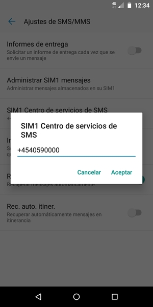 Introduzca el número de SIM Centro de servicios de SMS y seleccione Aceptar
