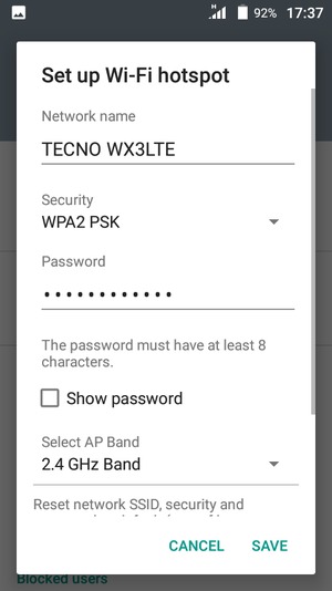 Enter a Wi-Fi hotspot password of at least 8 characters and select SAVE