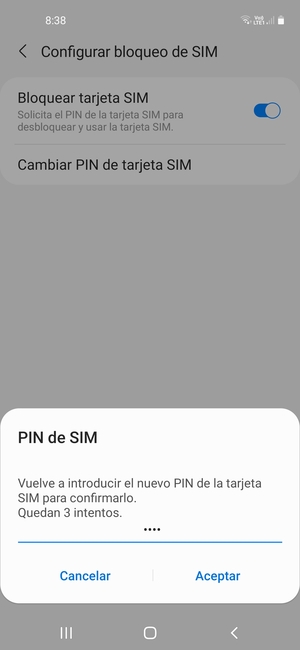 Confirme su nuevo PIN de la tarjeta SIM y seleccione Aceptar