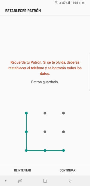 Dibuje un patrón de desbloqueo y seleccione CONTINUAR