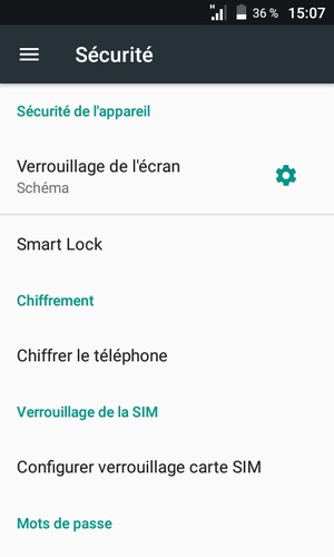 Pour modifier le code PIN de la carte SIM, retournez dans le menu Sécurité et sélectionnez Configurer verrouillage carte SIM