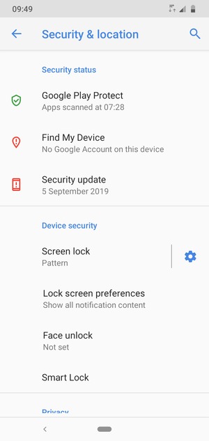To activate your screen lock, go to the Security & location menu and select Screen lock