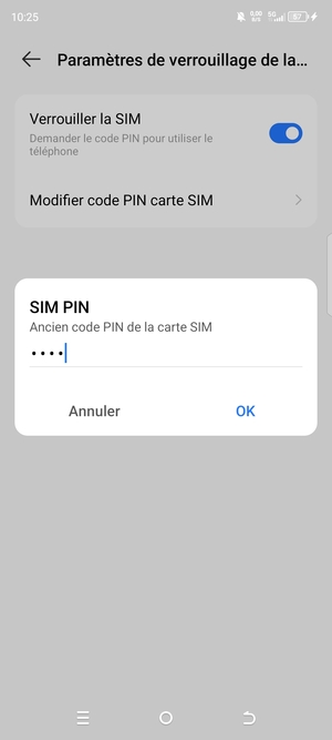 Saisissez votre Ancien code PIN de la carte SIM et sélectionnez OK