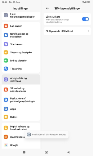 Din PIN-kode til SIM-kort er nu ændret