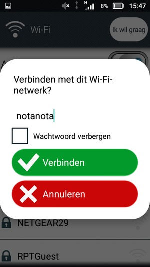 Voer het WiFi-wachtwoord in en selecteer Verbinden
