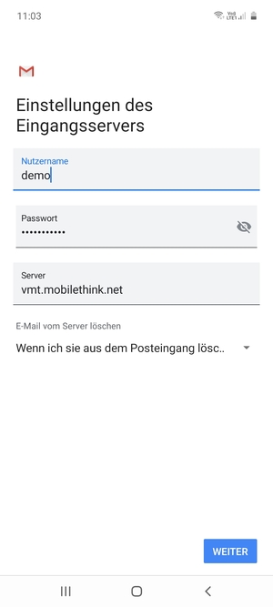 Geben Sie Benutzername und die Server-Adresse für eingehende Post ein. Wählen Sie WEITER