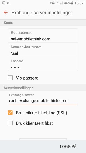 Skriv inn Brukernavn og Exchange serveradresse. Velg LOGG PÅ