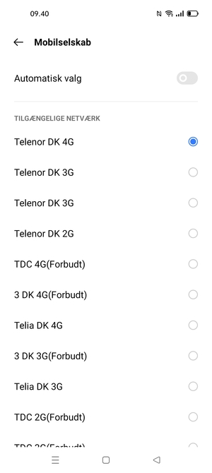 Vælg en netværksudbyder fra listen