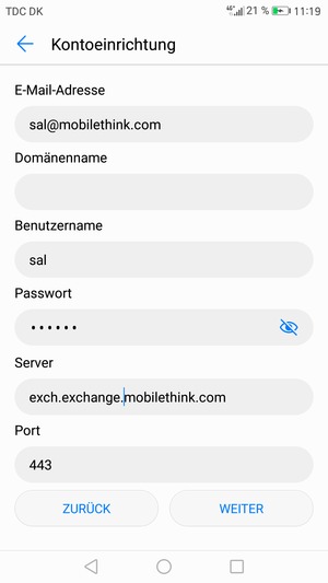 Geben Sie die Exchange Server-Adresse ein