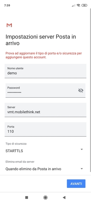 Seleziona Tipo di sicurezza