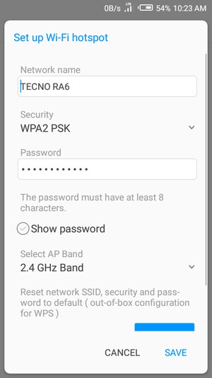 Enter a Wi-Fi hotspot password of at least 8 characters and select SAVE
