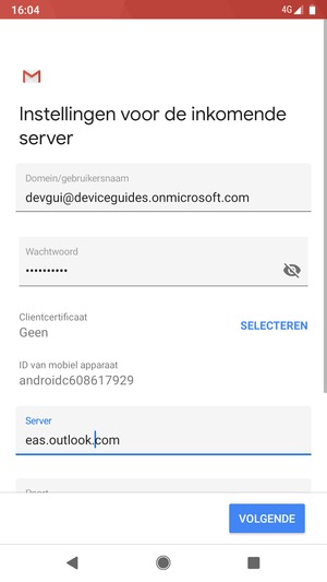 Voer Gebruikersnaam en Exchange serveradres in. Selecteer VOLGENDE