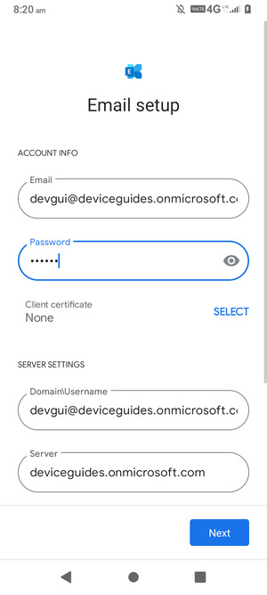 Enter Username and Exchange server address. Select Next