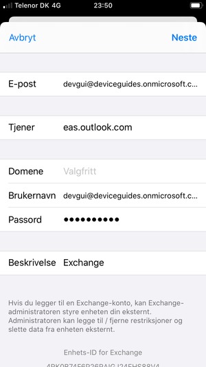 Skriv inn Exchange e-postinformasjon og velg Neste