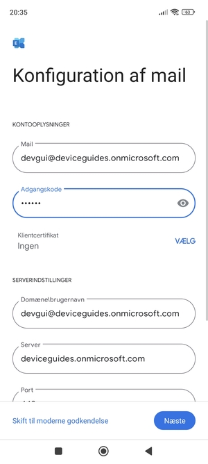 Indtast Brugernavn og Exchange serveradresse. Vælg Næste