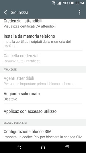 Per cambiare il PIN della scheda SIM, torna al menu Sicurezza, scorri fino a Configurazione blocco SIM e seleziona questa opzione