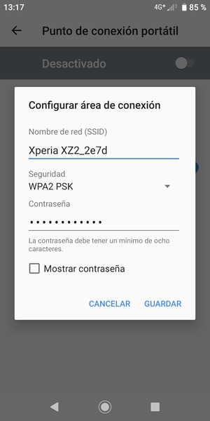 Introduzca una contraseña de punto de acceso Wi-Fi de al menos 8 caracteres y seleccione GUARDAR