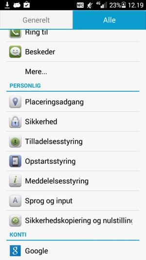 Vælg Alle og scroll til
og vælg Sikkerhed