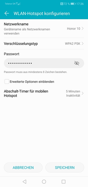 Geben Sie eine WLAN-Hotspot-Passwort mit mindestens 8 Zeichen ein und wählen Sie SPEICHERN