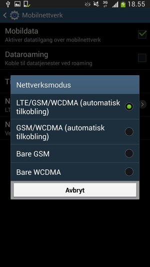 Velg Bare GSM for å aktivere 2G