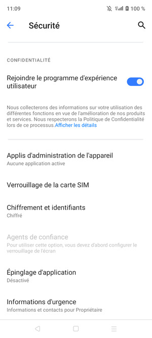 Pour modifier le code PIN de la carte SIM, faites défiler et sélectionnez Verrouillage de la carte SIM