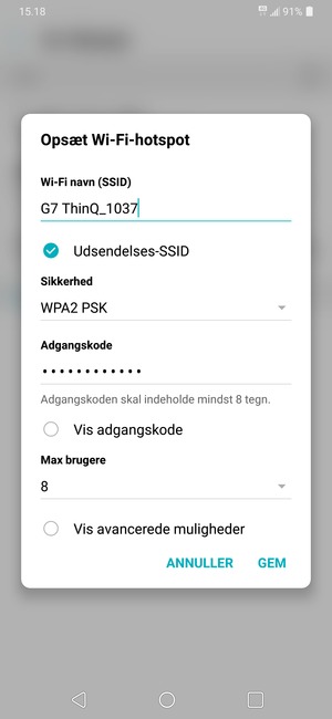 Indtast en  Wi-Fi-hotspot  adgangskode på minimum 8 tegn og vælg GEM