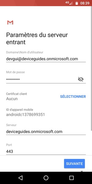 Saisissez votre Nom d'utilisateur et l'adresse du serveur Exchange. Sélectionnez SUIVANTE