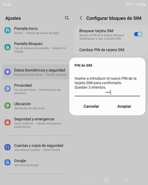 Confirme su nuevo PIN de la tarjeta SIM y seleccione Aceptar