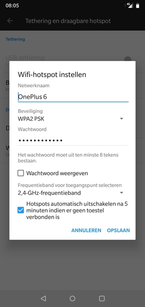 Voer een wachtwoord van een WiFi-hotspot in van ten minste 8 tekens en selecteer OPSLAAN