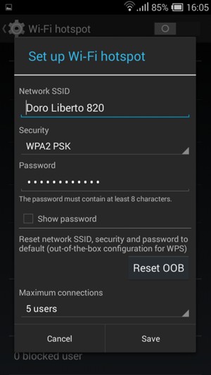 Enter a Wi-Fi hotspot password of at least 8 characters and select Save