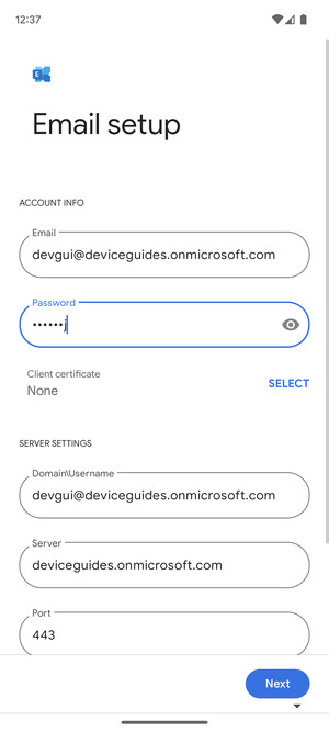 Enter Username and Exchange server address. Select Next