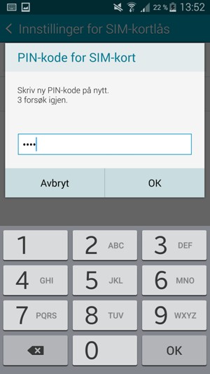 Bekreft din nye PIN-kode for SIM-kort og velg OK
