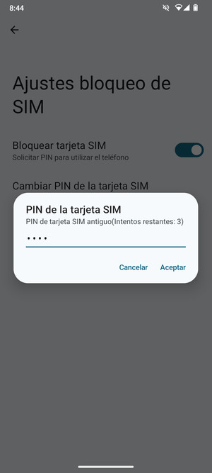 Introduzca PIN de tarjeta SIM antiguo y seleccione Aceptar