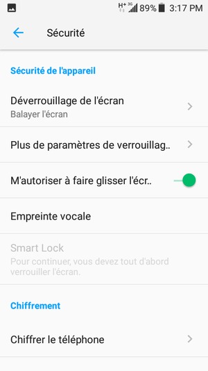 Pour activer votre écran de verrouillage, allez dans le menu Sécurité et sélectionnez Déverrouillage de l'écran
