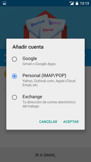 Seleccione Personal (IMAP/POP) y ACEPTAR